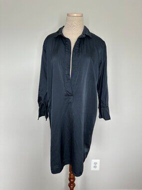 CP Shades Women's Dark Gray Split Neck Long Sleeve Tunic Silk Blend Shirt Dress